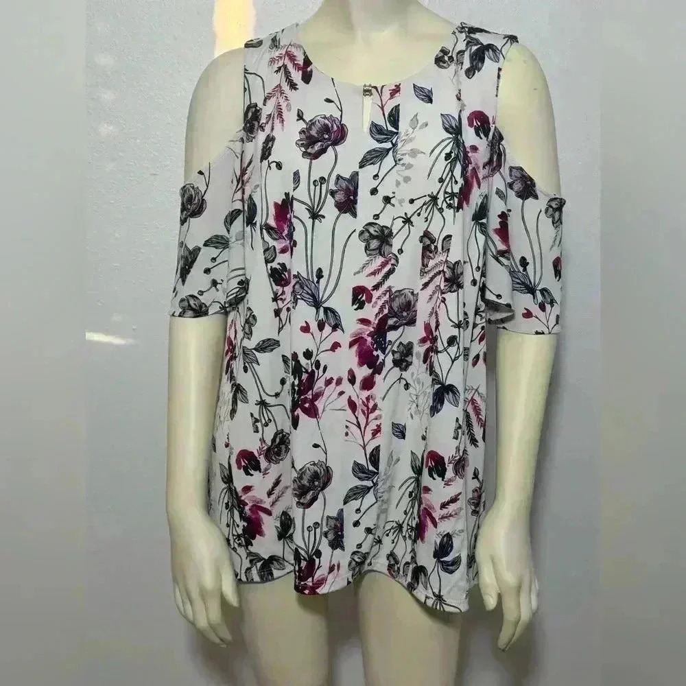 Adrienne Vittadini Floral Cold Shoulder Blouse